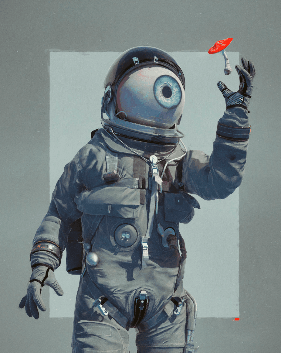 AI-generated astronaut artwork with a surreal eye-shaped helmet, used as a visual reference for Art Tech experience design.