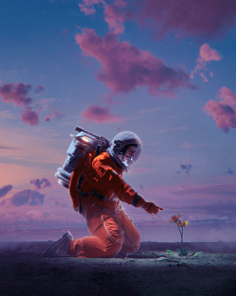 AI-generated astronaut artwork on a Mars-like landscape with a flower, used as a visual reference for AI art and spatial storytelling.