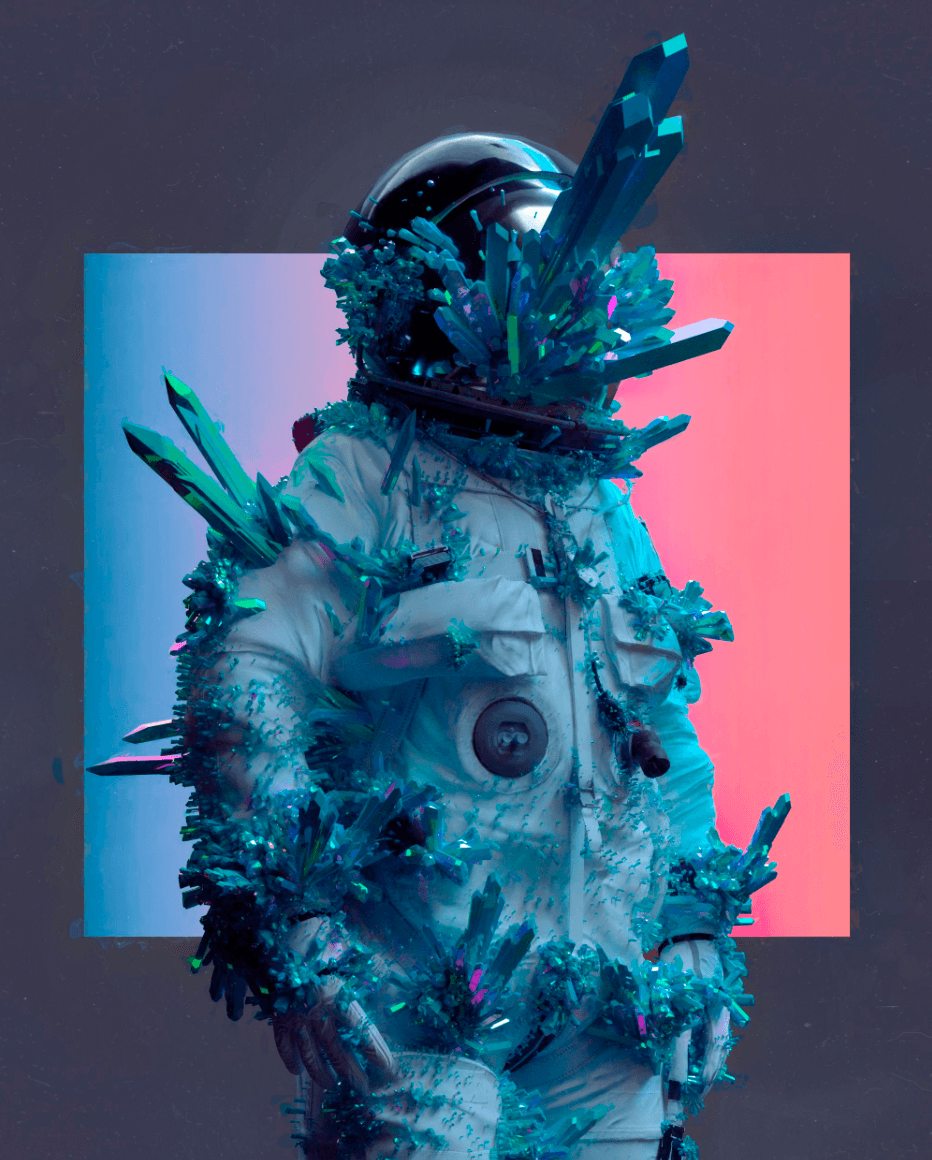 AI-generated astronaut artwork with crystal growth, used as a visual reference for technology, body and spatial experience.