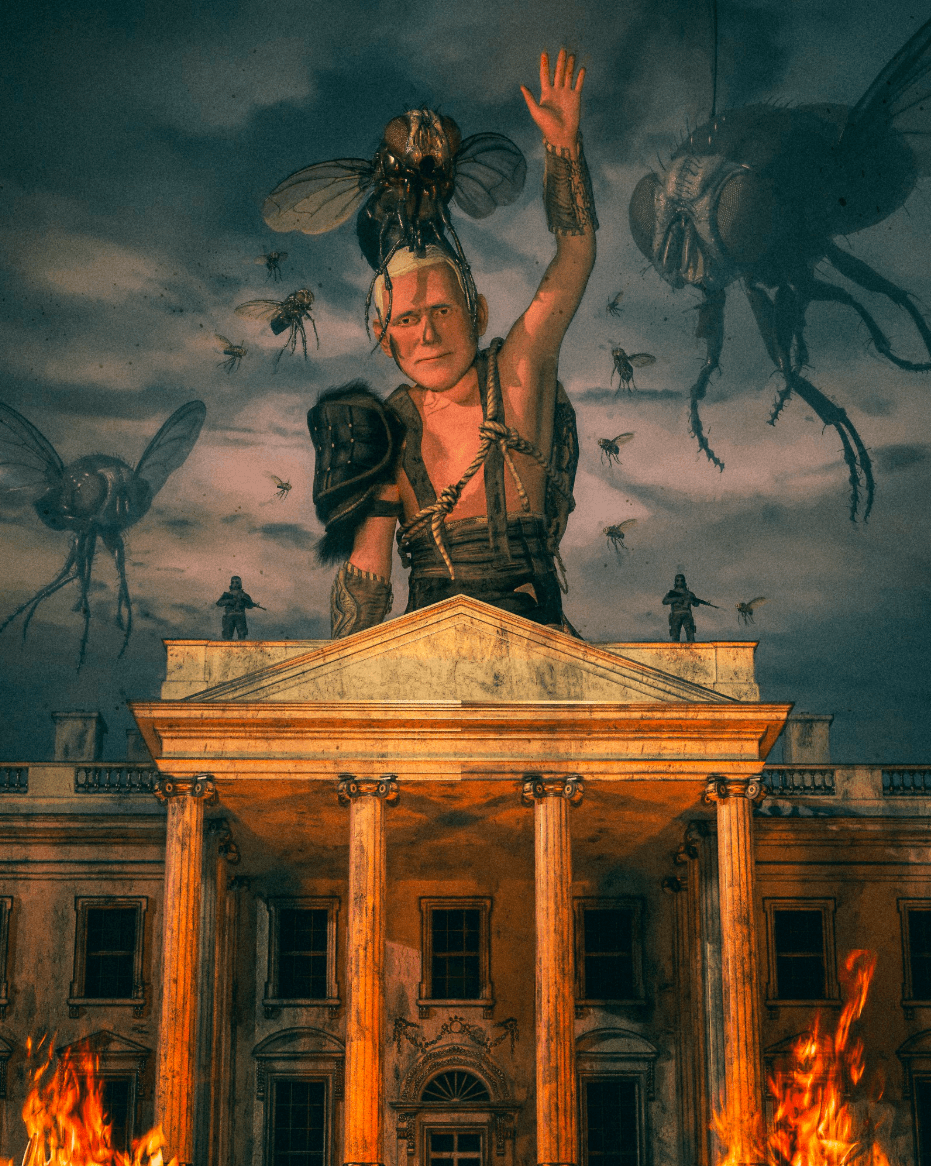 AI-generated dystopian palace artwork with giant flies, used as a visual reference for digital narrative and cultural context.