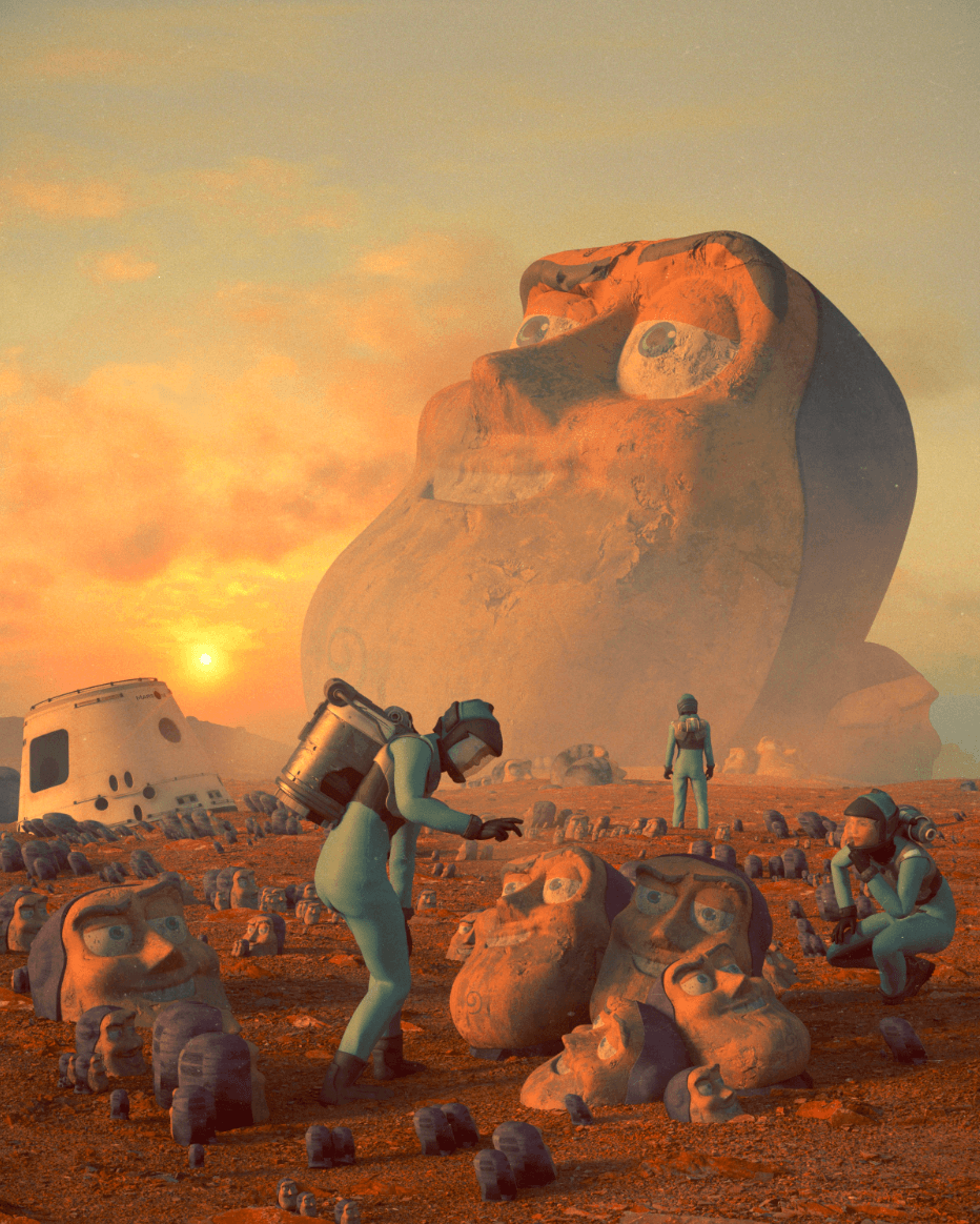 AI-generated surreal Mars sculpture landscape, used as a visual reference for Art Tech and immersive experience design.